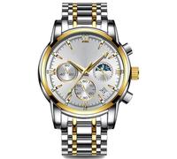 RORIOS Multifunctional Wristwatch for Men Vintage Analogue Quartz Wrist Watch Chronograph Moon Phase Watch Casual Stainless Steel Watches White Gold