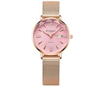 RORIOS Simple Casual Wristwatch for Women Analogue Quartz Watch Ladies Diamond Watches Rose Gold Mesh Strap Wrist Watch with Date Calendar Pink