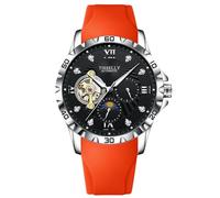 RORIOS Tourbillon Mechanical Wristwatch Men's Multifunctional Watch Fashion Automatic Watch Stainless Steel Self-Winding Wrist Watch with Silicone Strap for Men Orange