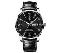 RORIOS Watches for Men Luminous Watch Analog Quartz Watch with Leather Band Classic Calendar Mens Watches Silver Black