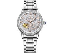 RORIOS Women Automatic Mechanical Watch Shining Starry Sky Luminous Simulated Diamond Dial Stainless Steel Strap Ladies Wristwatches
