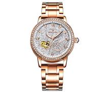 RORIOS Women Automatic Mechanical Watch Shining Starry Sky Luminous Simulated Diamond Dial Stainless Steel Strap Ladies Wristwatches