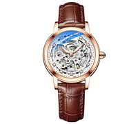 RORIOS Women Watches Automatic Self-Winding Watch with Leather Strap Tourbillon Mechanical Wristwatch Fashion Luminous Watch for Ladies Girls(Brown)