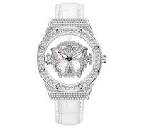 RORIOS Women's Fashion Watch Full Diamonds Dial Wristwatch Analog Quartz Wrist Watch Ladies Dress Watch Waterproof Leather Strap Watch White A