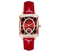 RORIOS Women's Rectangle Wrist Watch Fashion Diamond Watch Ladies Elegant Wristwatch Analogue Quartz Watch Red Dial Leather Strap Watches