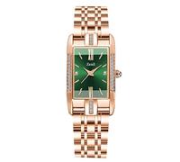 RORIOS Women's Rectangle Wrist Watch - Rose Gold Stainless Steel, Analogue Quartz, Fashion Diamond, Minimalist Waterproof - Green