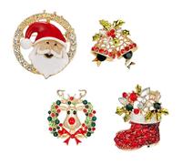 RORPOIR 4pcs Christmas Brooch Set Alloy Xmas Elk Brooches Bell, Santa Claus, Wreath Bow Leaf Pins for Women’s Clothing Accessories Holiday Corsages Random Color