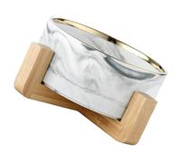 RORPOIR Nordic Style Marble Pattern Ceramic Cat and Small Dog Bowl with Wooden Stand, Comfortable Pet Feeder Protecting Neck, for Daily Feeding in Families