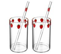 RORPOIR Strawberry Printed Milk Cup Set of 2 Transparent Glass Juice Mug for Home Tea Coffee and Beverages