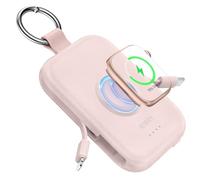 RORRY Portable Charger, 5000mAh Portable Charger Power Bank with Built-in Cables, Travel Keychain Battery Pack for iPhone Air/17/16/15/14/13/12, Apple Watch Ultra/11/10/9/8/7/6/SE, Pink