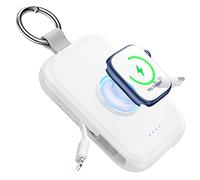 RORRY Power Bank, 5000 mAh External Mobile Phone Batteries with Built-in Cables, Key Ring Power Bank Compatible with iPhone 16 15 14 13 12 11, for Apple Watch 10/9/Ultra 2/8/Ultra/7/6/SE/5/4/3, White