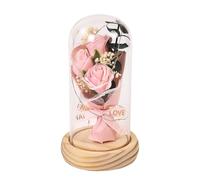 Ros-e Under Glass - Handmade Preserved Flower Ros-e In Glass Dome With Led Lights, Artificial Forever Roses In Glass Dome For, Valentine's Day - Pink