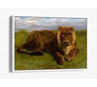 Rosa Bonheur, Lioness Posing Realism Animal Landscape Painting Canvas Floater Frame Print Picture Art - White Frame 24 inch wide x 16 inch high