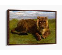 Rosa Bonheur, Lioness Posing Realism Animal Landscape Painting Canvas Floater Frame Print Picture Art - Walnut Frame 30 inch wide x 20 inch high