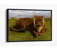 Rosa Bonheur, Lioness Posing Realism Animal Landscape Painting Canvas Floater Frame Print Picture Art - Black Frame 18 inch wide x 12 inch high