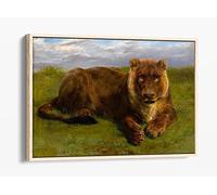 Rosa Bonheur, Lioness Posing Realism Animal Landscape Painting Canvas Floater Frame Print Picture Art - Light Oak Frame 30 inch wide x 20 inch high