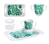 Rosa Lifestyle Green Floral Two Handled Melamine Mug, Lids & Serving Tray Set: 400ml/14oz Mug Capacity, Tray 33.8cmx20.6cm, Lightweight Mobility Aid for Elderly, Gift Set