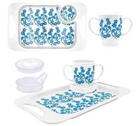 Rosa Lifestyle Light Blue Floral Two Handled Melamine Mug, Lids & Serving Tray Set: 400ml/14oz Mug Capacity, Tray 33.8cmx20.6cm, Lightweight Mobility Aid for Elderly, Gift Set