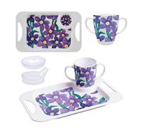 Rosa Lifestyle Purple Floral Two Handled Melamine Mug, Lids & Serving Tray Set: 400ml/14oz Mug Capacity, Tray 33.8cmx20.6cm, Lightweight Mobility Aid for Elderly, Gift Set