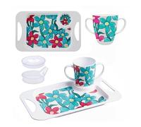 Rosa Lifestyle Teal Cerise Floral Two Handled Melamine Mug, Lids & Serving Tray Set: 400ml/14oz Mug Capacity, Tray 33.8cmx20.6cm, Lightweight Mobility Aid for Elderly, Gift Set