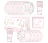 Rosa Silly Goose Party Tableware, Pink One Year Old Theme, Girls Birthday Party Tableware, Includes Plates, Cups, Napkins and Tablecloths for 20 Birthdays