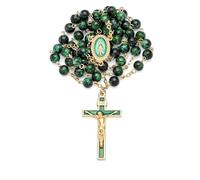 Rosary Beads catholic for Women and Men Blessed During Pope's Angelus, Miraculous Virgin Green Rosary with Variegated Glass on a Gold Plated Brass Chain - Perfect Catholic gifts