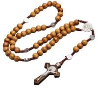 Rosary Beads with Jesus Christ on Cross St Saint Brigid Pendant Necklace Wooden Style Beads v3