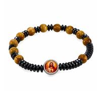 Rosary Bracelet Olive Wood and Hematite Beads Sacred Heart of Jesus Medallion for Men and Women