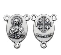 Rosary Center Medal, Virgin Mary & Jerusalem Cross Connector, Pack of 2 | 0.63x0.472in, Double-Sided Design, 3-Loop Connector, Antique Silver Finish, DIY Rosary Making Charms