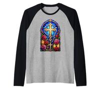 Rosary Cross Roses Catholic Gothic Cathedral Mosaic Art Raglan Baseball Tee