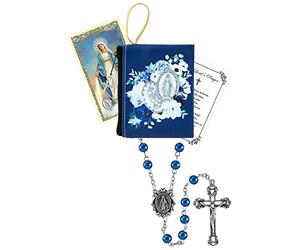 Rosary Miraculous Medal - with Miraculous Medal Prayer Card, Floral Zippered Rosary Case, The Lord's Prayer Card | Sapphire Miraculous Medal Rosary | Miraculous Medal Rosary Beads Set | 3 Items