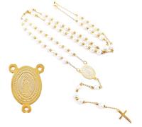 Rosary Necklace for Women Pearl Cross Necklaces Catolicos Christian First Confirmation Gifts Long Lariat Necklace for Women, Zinc, No Gemstone