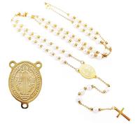 Rosary Necklace for Women Pearl Cross Necklaces Catolicos Christian First Confirmation Gifts Long Lariat Necklace for Women, Zinc, No Gemstone