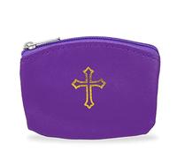 Rosary Pouch with Gold Cross Design and Zipper, Violet, 4 x 3 inches