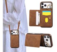 Rosbtib Case for iPhone 17 Pro 5G 2025 6.3 Inch Magnetic phone case with card holder, slim mobile phone case with long shoulder strap and retro metal ring for the iPhone 17 Pro - Brown