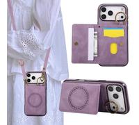 Rosbtib Case for iPhone 17 Pro 5G 2025 6.3 Inch Magnetic phone case with card holder, slim mobile phone case with long shoulder strap and retro metal ring for the iPhone 17 Pro - Purple