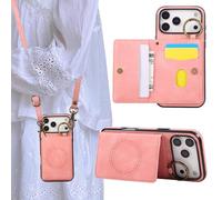 Rosbtib Case for iPhone 17 Pro 5G 2025 6.3 Inch Magnetic phone case with card holder, slim mobile phone case with long shoulder strap and retro metal ring for the iPhone 17 Pro - Pink