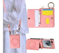 Rosbtib Case for Samsung Galaxy Z Flip 6 5G 2024 6.7" Magnetic phone case with card holder, slim mobile phone case with long shoulder strap and retro metal ring for the Galaxy Z Flip 6 - Pink