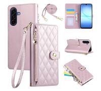 Rosbtib Wallet Case for Samsung Galaxy A17 4G/5G 2025 6.7 Inch, PU Leather Mobile Phonecase with Diamond Lattice Embroidery, Flip Case with Wrist Strap and Crossbody Long Strap, Pink