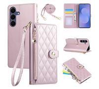 Rosbtib Wallet Case for Samsung Galaxy S25 FE 5G 2025 6.7 Inch, PU Leather Mobile Phonecase with Diamond Lattice Embroidery, Flip Case with Wrist Strap and Crossbody Long Strap, Pink