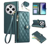 Rosbtib Wallet Case for Xiaomi Redmi 14C/Poco C75 6.88", PU Leather Mobile Phonecase with Diamond Lattice Embroidery, Redmi 14C/Poco C75 Flip Case with Wrist Strap and Crossbody Long Strap, Green
