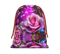 Rose And Butterflies Pink Print Santa Sack Drawstring Bags For Presents, Reusable Plush Holiday Fabric Gift Bags- L Size