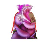 Rose and Butterflies Pink Printed Christmas Drawstring Bags with Red Christmas Ribbon - Reusable Burlap Drawstring Gift Pouches, M