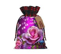 Rose and Butterflies Pink Printed Christmas drawstring gift bags, cloth snack bags, suitable for candy, gifts, storage and Christmas parties