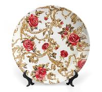 Rose and Gold Chain Bone China Decorative Plate with Display Stand Ceramic Dinner Plates Wall Decor for Home Kitchen 10inch