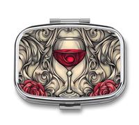 Rose and Red Wine Glass Pill Box 2 Compartment Portable Medicine Pill Case Travel Pill Organizer for Pocket Purse