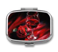 Rose and Red Wine Glass Romantic Pill Box 2 Compartment Portable Medicine Pill Case Travel Pill Organizer for Pocket Purse