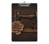 Rose and Sewing Machine Clipboard, A4 Acrylic Clipboard with Hanging Hole, Ultra-Light Clip Board - Holds 100 Sheets, Shatterproof Document Holder for Office, 12.5" X 8.5"