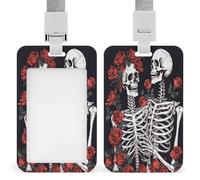 Rose and Skeleton ID Badge Holder with Lanyard and Clip - Hard ABS Plastic Vertical Card Holder, Fashion Slide-Back Name Tag Set for Office, Business & Daily Work