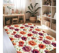 Rose Area Rug, Floral Romantic Peony Leaf Spring Peach Non-Slip Soft Rectangle Carpet Stain Resistant Rugs for Living Room Bedroom Under Table Dining Decor 4' X 6'